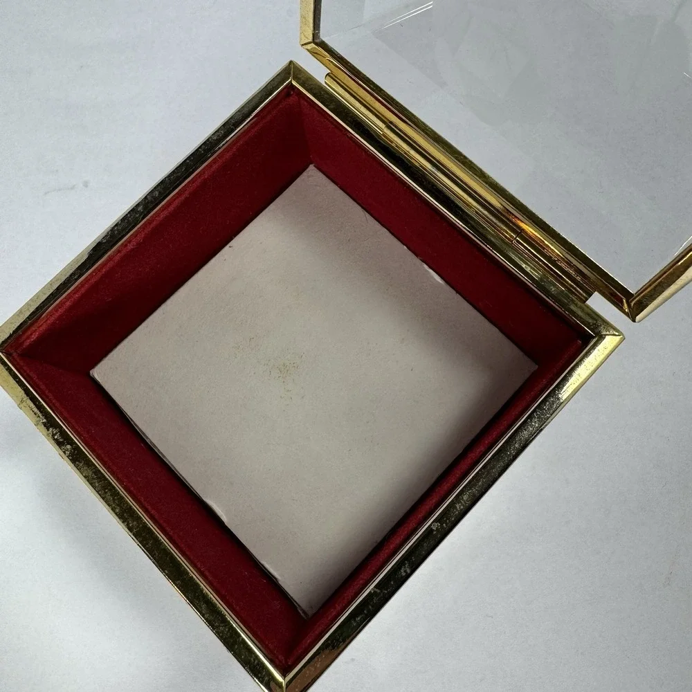 Vintage MELE Beveled Glass Jewelry Trinket Box Etched Rose Red Velvet Taiwan ROC